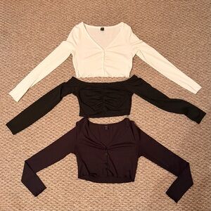 Women's Long-Sleeve Cropped Tops - White, Black, & Black